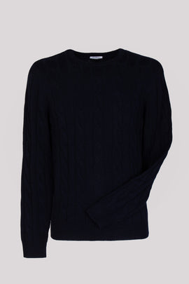 RRP €510 MALO Cashmere & Wool Jumper Size L Navy Blue Cable Knit Panel Crew Neck