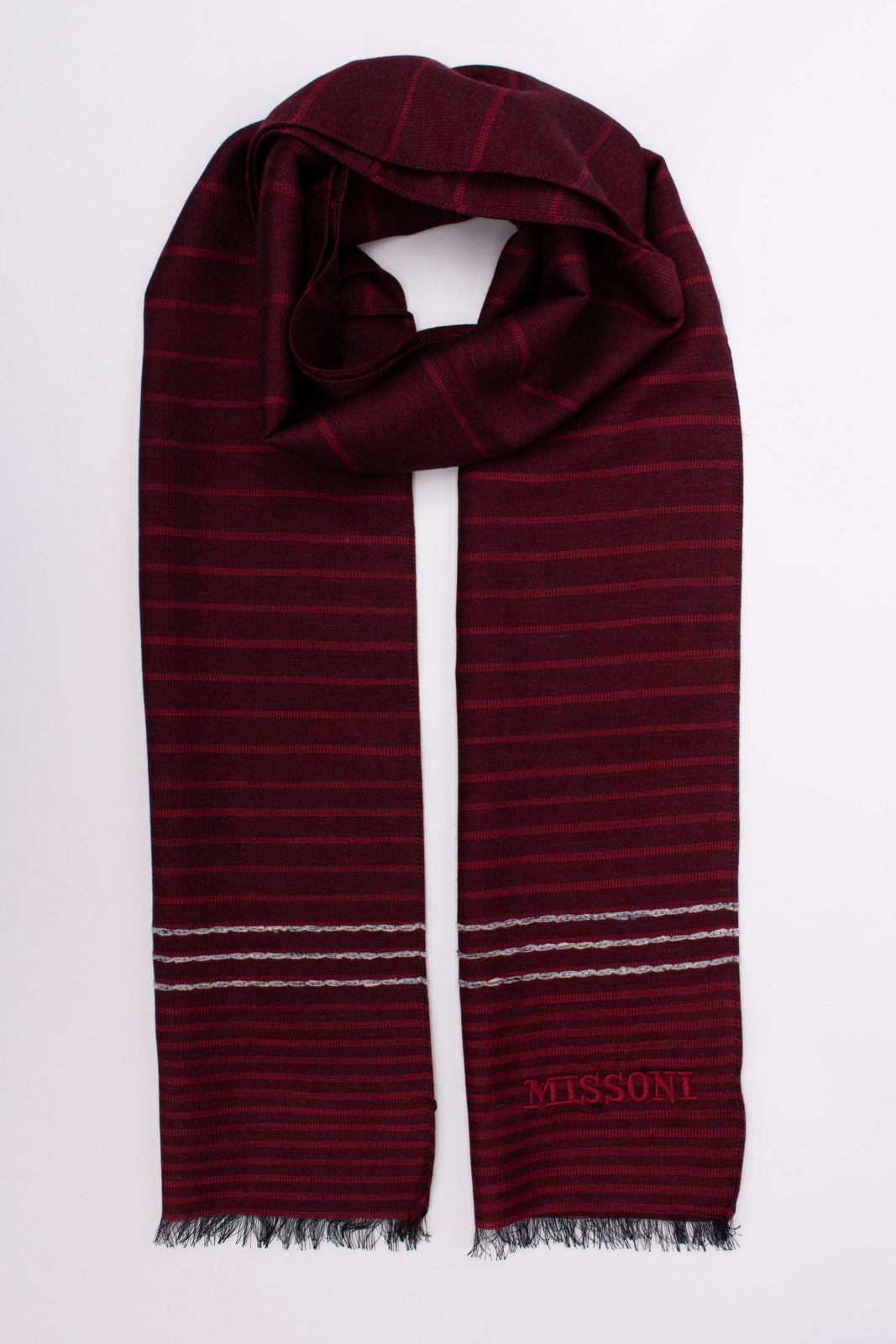 RRP€360 MISSONI Silk & Wool Stole Scarf Long Striped Frayed Edges Made in Italy gallery main photo