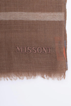 RRP€360 MISSONI Wool Shawl Wrap Scarf Long Striped Embroidered Logo Frayed gallery photo number 7