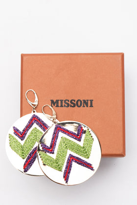 RRP€490 MISSONI Gold Plated Round Plaque Dangle Earrings Lame Zig Zag Motif gallery photo number 1