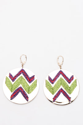 RRP€490 MISSONI Gold Plated Round Plaque Dangle Earrings Lame Zig Zag Motif