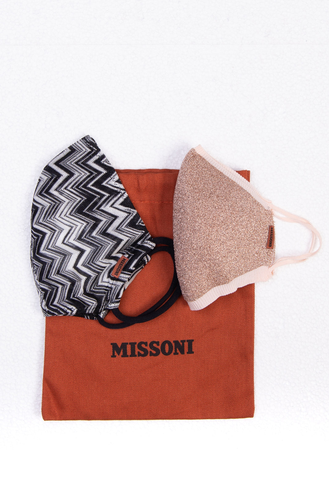 RRP€150 MISSONI Reusable Face Mask Set of 2 Lame Effect Zig Zag Lightweight Knit gallery main photo