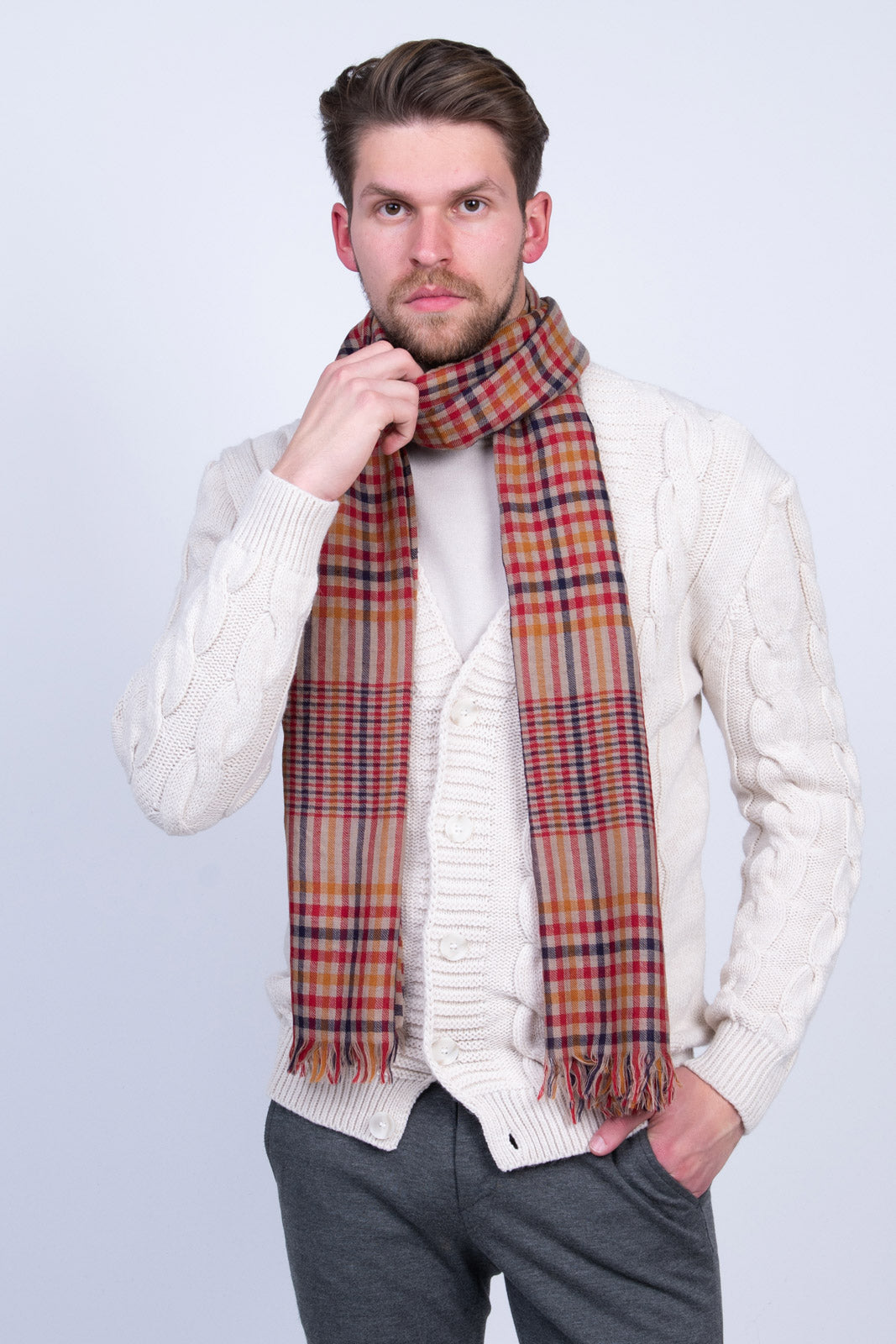 RRP€320 MALO Wool Plaid Shawl Wrap Scarf Large Frayed Edges Made in Italy gallery main photo