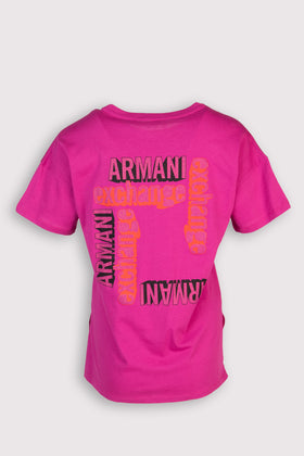 ARMANI EXCHANGE T-Shirt Top Size XS Pink Dipped Hem Glitter Coated Logo Back gallery photo number 1